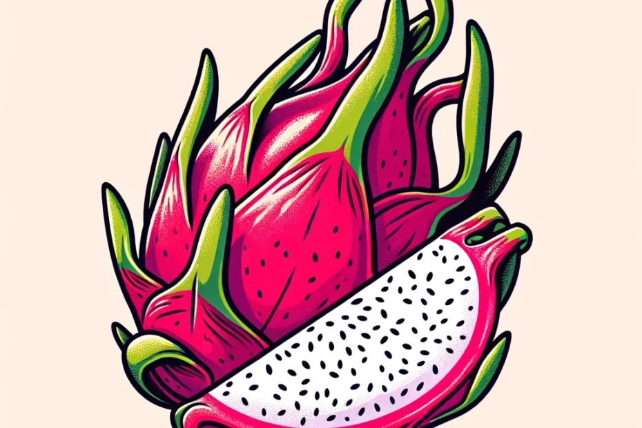 dragon fruit, showing one whole fruit with bright pink to red skin and green scales on the left