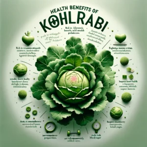 Health Benefits of Kohlrabi' in a stylish, readable font. Surrounding the heading, the benefits of Kohlrabi are listed in a circular arrangement with corresponding icons: these include being rich in vitamins and minerals, enhancing digestive health, boosting the immune system, reducing the risk of chronic diseases, supporting heart health, aiding in weight loss, having anti-inflammatory properties, improving metabolism, and regulating blood sugar. Each benefit is illustrated with icons such as a Kohlrabi, a healthy heart, weights, and sugar cubes, creating a fresh and informative visual presentation.